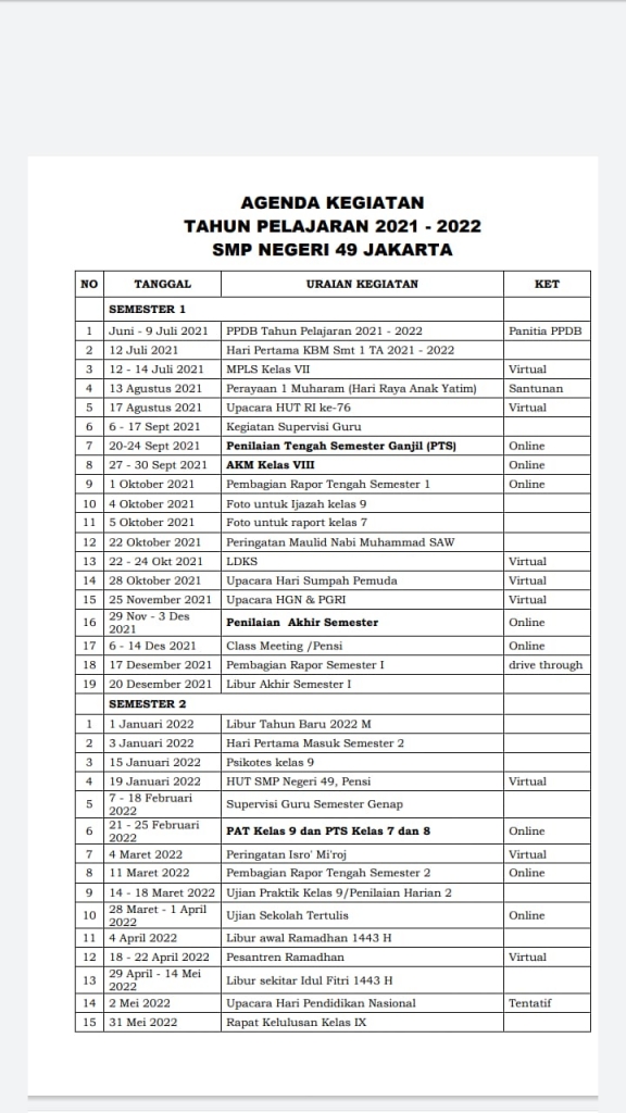 AGENDA KEGIATAN TAHUN PELAJARAN 2021/2022 SMPN 49 JAKARTA